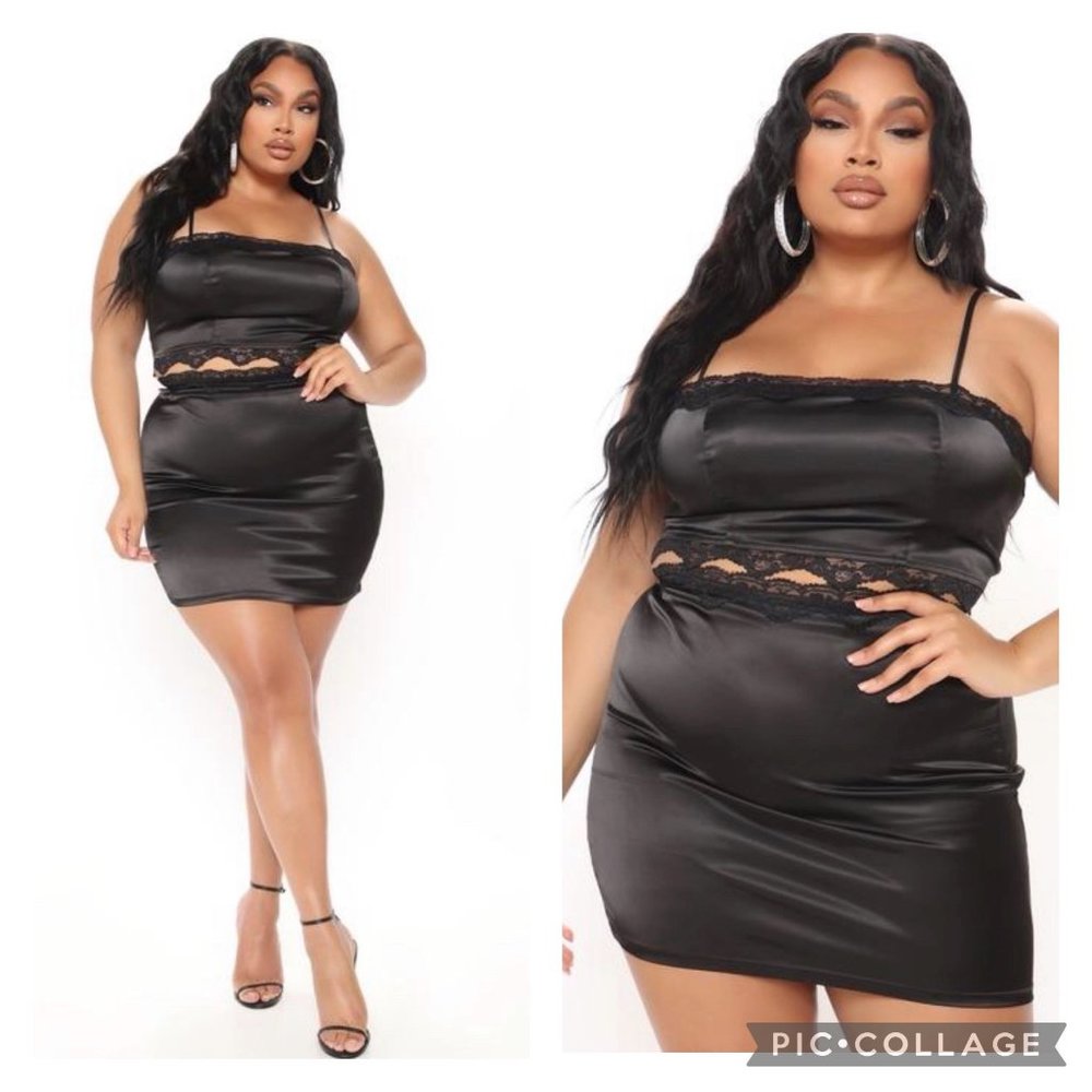 Fashion Nova Sweetie Pie Satin Skirt Set Black 2X